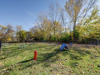 A playground with a red fire hydrant and a blue slide.